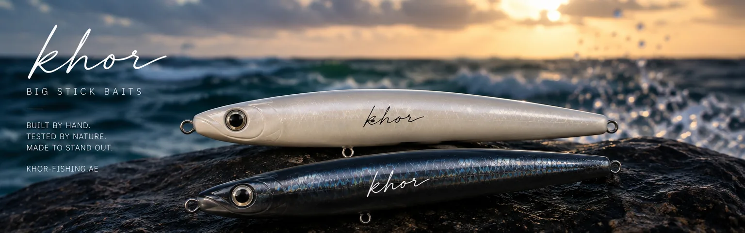 Offwhite and Midnight Ocean Khor stick baits on a rock at sunset