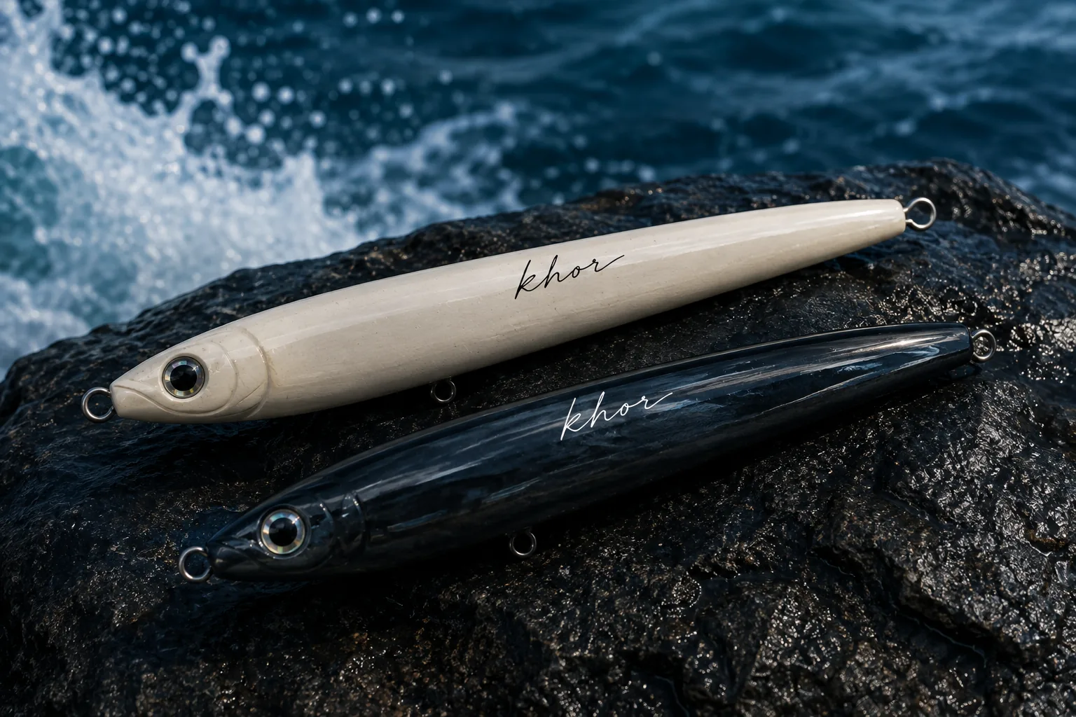 Offwhite and black Khor stick baits on a wet rock by the sea