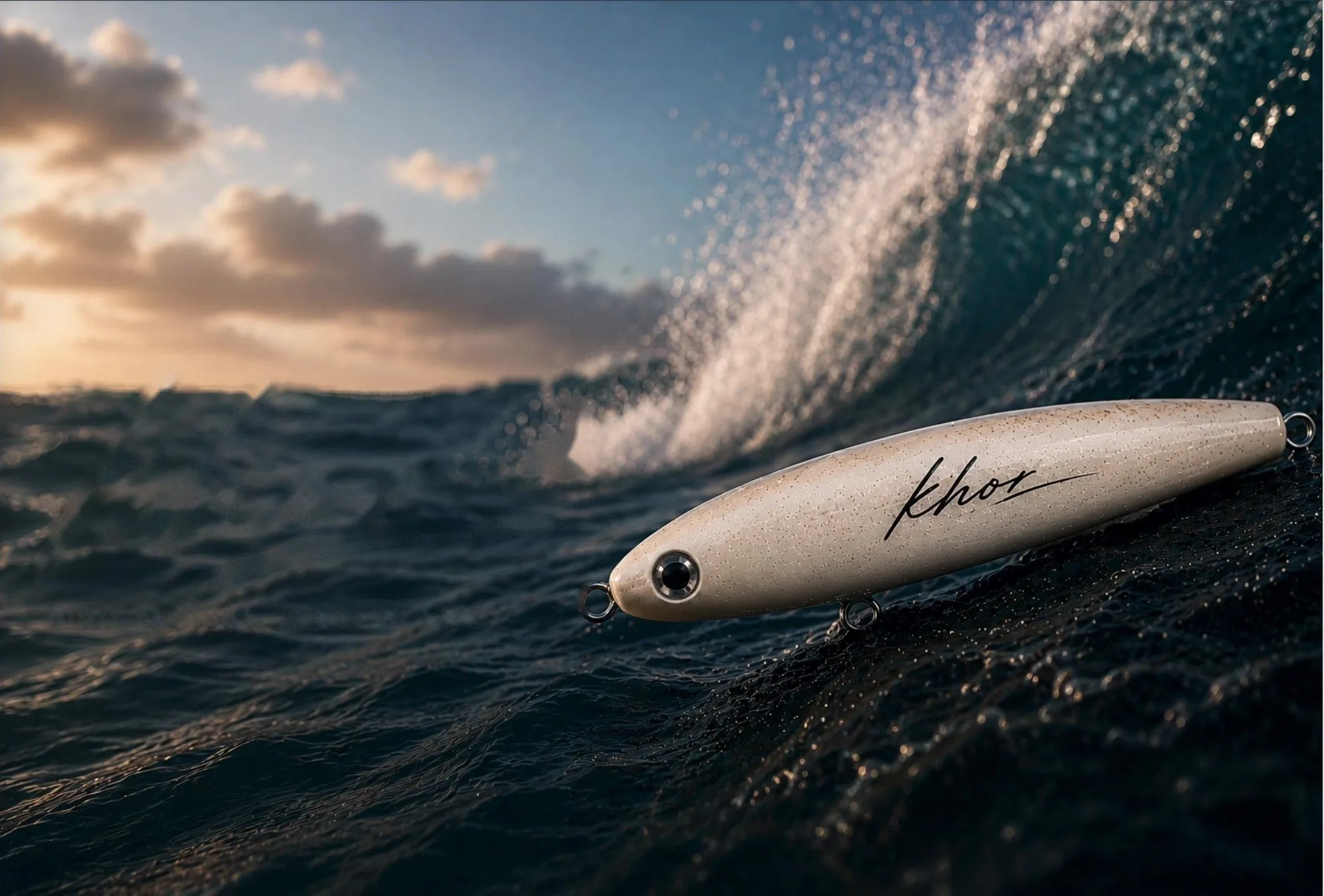 A Khor stick bait riding a breaking wave at sunset